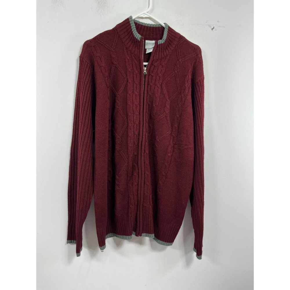 Mens Haband Long Sleeve Full Zip Sweater Large Maroon Mock Neck